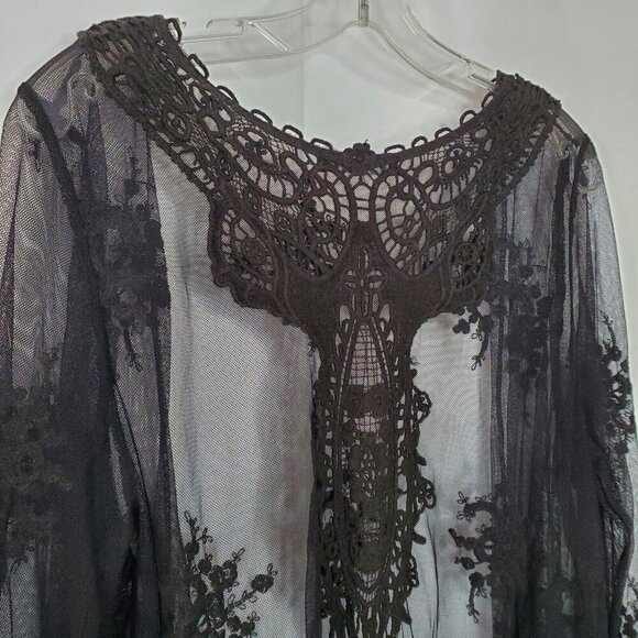 Black Floral Mesh Lace Crochet Open Top Cardigan M Witchy Whimsigoth Dark Fairy - Picture 6 of 8